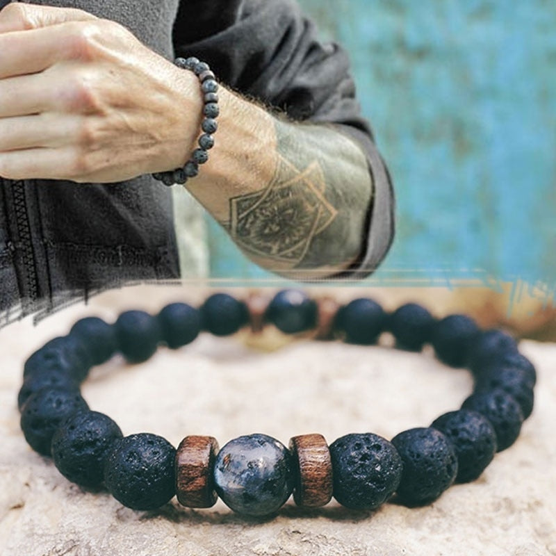 Men's Elastic Bracelet, Natural Moonstone with Tibetan Buddha Beads, Chakra, Lava Stone and Diffuser